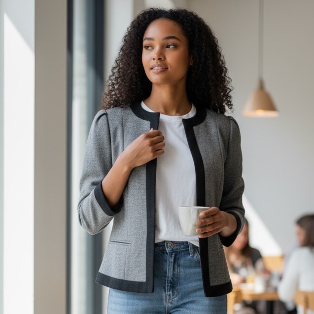 Vintage Stirling Cooper Wool Blend Open-front Classic Mandarin Collar Blazer